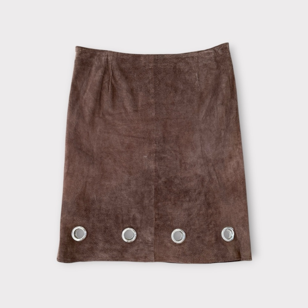 Vintage Sophie Chang Brown Suede Midi Skirt with Grommet Accents 8